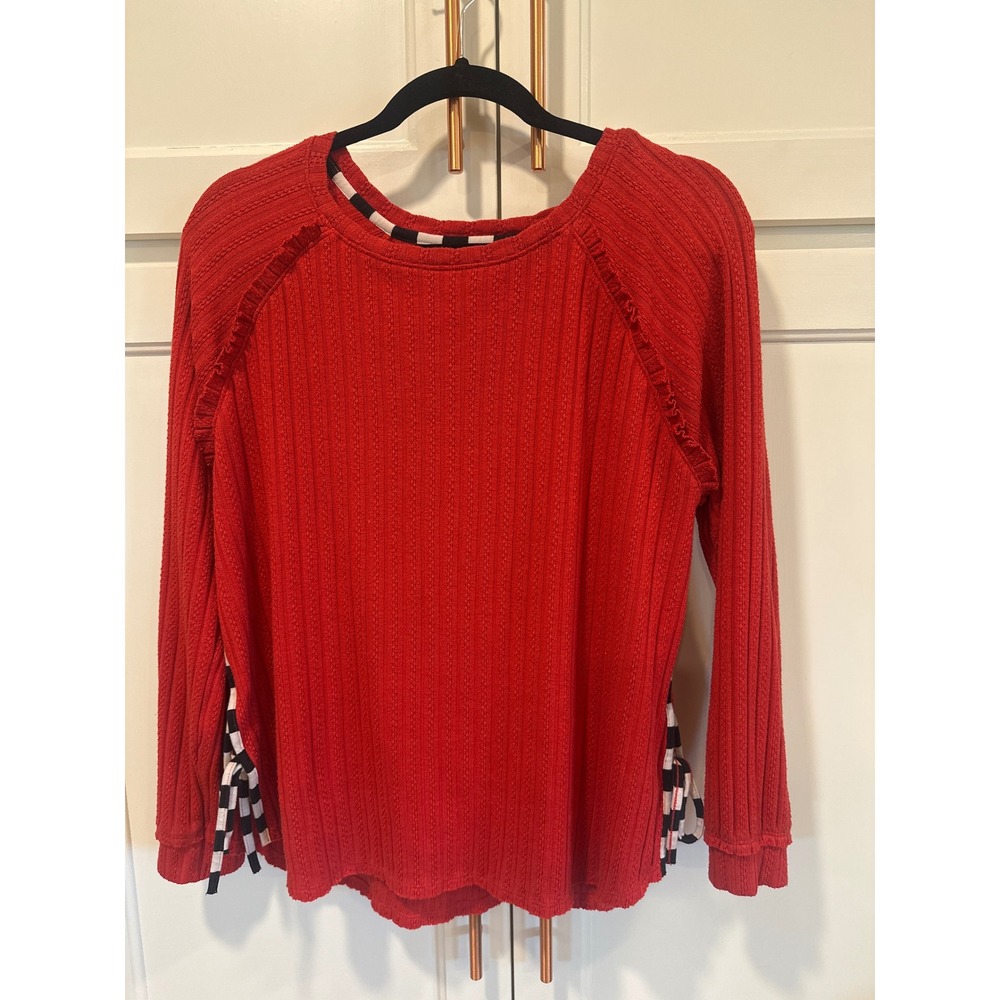 Tru Luxe Jeans Red Textured Knit Top Side Tie Checkered Trim gameday Small